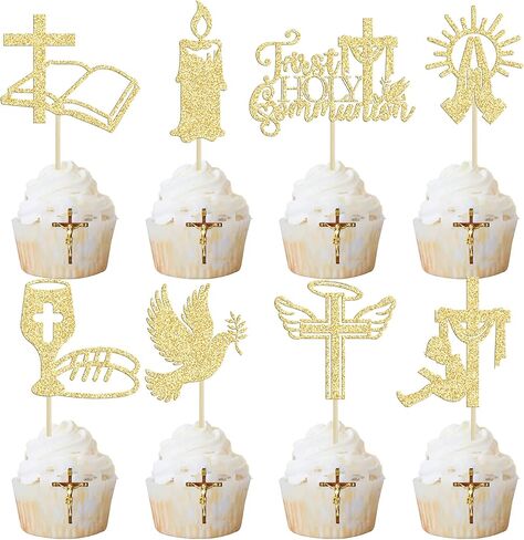 Ephlyn 32Pcs First Holy Communion Cupcake Toppers Glitter Dove Cross God Bless and Baptism Cupcake Picks First Communion Theme Baby Shower Birthday Party Cake Decorations Supplies Gold in Saudi Arabia