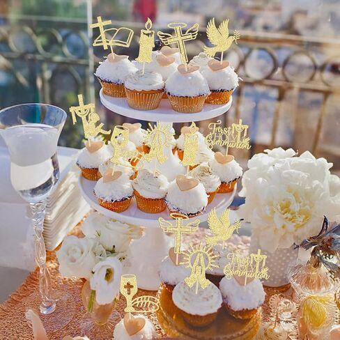 Ephlyn 32Pcs First Holy Communion Cupcake Toppers Glitter Dove Cross God Bless and Baptism Cupcake Picks First Communion Theme Baby Shower Birthday Party Cake Decorations Supplies Gold in Saudi Arabia