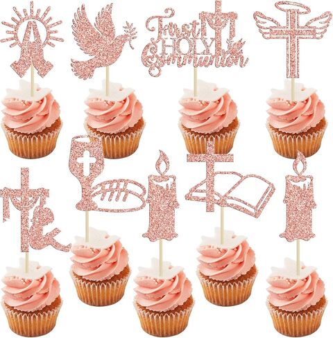Ephlyn 32Pcs First Holy Communion Cupcake Toppers Glitter Dove Cross God Bless and Baptism Cupcake Picks First Communion Theme Baby Shower Birthday Party Cake Decorations Supplies Gold in Saudi Arabia