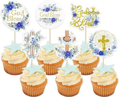 Ephlyn 32Pcs First Holy Communion Cupcake Toppers Glitter Dove Cross God Bless and Baptism Cupcake Picks First Communion Theme Baby Shower Birthday Party Cake Decorations Supplies Gold in Saudi Arabia