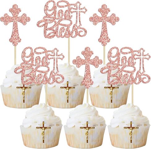 Ephlyn 32Pcs First Holy Communion Cupcake Toppers Glitter Dove Cross God Bless and Baptism Cupcake Picks First Communion Theme Baby Shower Birthday Party Cake Decorations Supplies Gold in Saudi Arabia