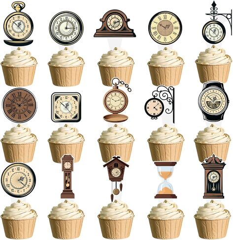Clock Cupcake Toppers 48PCS Vintage Time Theme Decorations Retro Clock Cake Picks Double Sided Back to the Ancients Party Supplies for Wonderland Tea Birthday Baby Shower Anniversary Decor in Kuwait