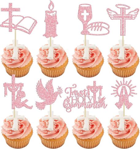 Ephlyn 32Pcs First Holy Communion Cupcake Toppers Glitter Dove Cross God Bless and Baptism Cupcake Picks First Communion Theme Baby Shower Birthday Party Cake Decorations Supplies Gold in Saudi Arabia