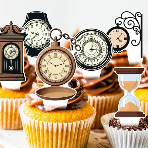 Clock Cupcake Toppers 48PCS Vintage Time Theme Decorations Retro Clock Cake Picks Double Sided Back to the Ancients Party Supplies for Wonderland Tea Birthday Baby Shower Anniversary Decor in Kuwait