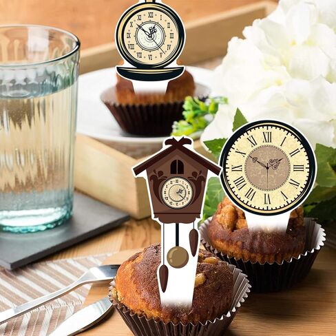 Clock Cupcake Toppers 48PCS Vintage Time Theme Decorations Retro Clock Cake Picks Double Sided Back to the Ancients Party Supplies for Wonderland Tea Birthday Baby Shower Anniversary Decor in Kuwait
