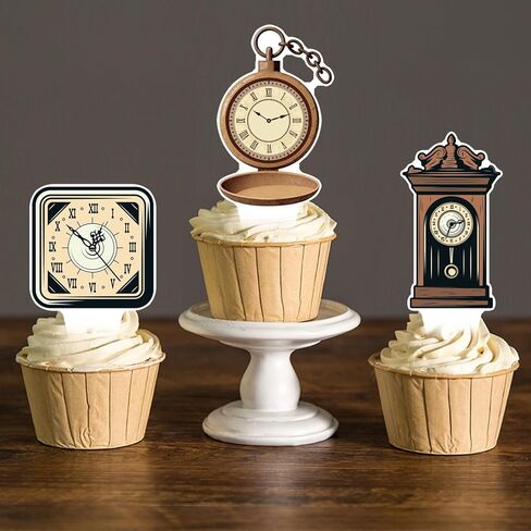 Clock Cupcake Toppers 48PCS Vintage Time Theme Decorations Retro Clock Cake Picks Double Sided Back to the Ancients Party Supplies for Wonderland Tea Birthday Baby Shower Anniversary Decor in Kuwait
