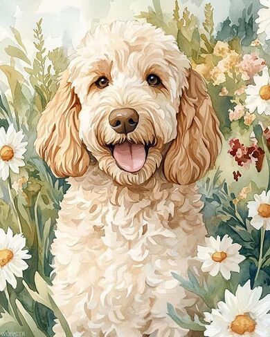 WUIVCTR Goldendoodle Dog الطلاء بالأرقام للبالغين، طلاء يدوي بالأرقام، قماش طلاء أكريليك بين الزهور، مجموعات الرسم الفنية 16 بوصة عرض × 20 بوصة طول (بدون إطار) in Kuwait