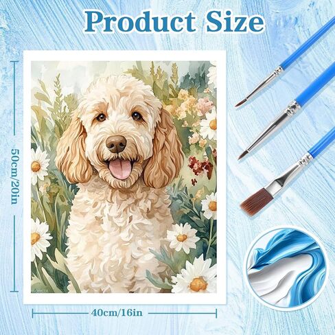 WUIVCTR Goldendoodle Dog الطلاء بالأرقام للبالغين، طلاء يدوي بالأرقام، قماش طلاء أكريليك بين الزهور، مجموعات الرسم الفنية 16 بوصة عرض × 20 بوصة طول (بدون إطار) in Kuwait