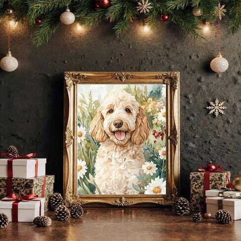 WUIVCTR Goldendoodle Dog الطلاء بالأرقام للبالغين، طلاء يدوي بالأرقام، قماش طلاء أكريليك بين الزهور، مجموعات الرسم الفنية 16 بوصة عرض × 20 بوصة طول (بدون إطار) in Kuwait