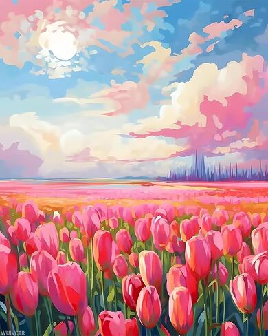 WUIVCTR Vibrant Pink Tulip Field with Distant City Paint by Numbers Kit, Floral Art, Easy Acrylic Painting on Canvas, Home Wall Decor Gift, 16x20 Inch in Kuwait