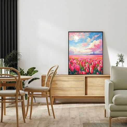 WUIVCTR Vibrant Pink Tulip Field with Distant City Paint by Numbers Kit, Floral Art, Easy Acrylic Painting on Canvas, Home Wall Decor Gift, 16x20 Inch in Kuwait