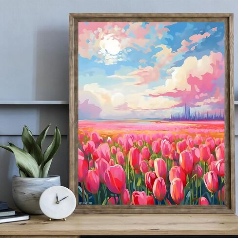 WUIVCTR Vibrant Pink Tulip Field with Distant City Paint by Numbers Kit, Floral Art, Easy Acrylic Painting on Canvas, Home Wall Decor Gift, 16x20 Inch in Kuwait