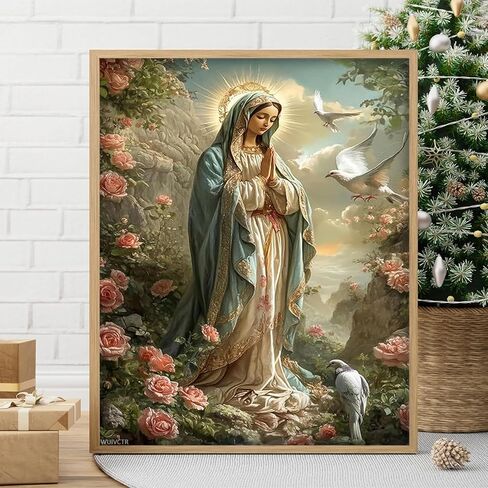 WUIVCTR مجموعة طلاء سيدة الورود بالأرقام مقاس 16 × 20 بوصة، مجموعة رسم دينية لمريم العذراء مع حمامات للبالغين، فرش دهانات أكريليك قماش غير مؤطرة in Kuwait