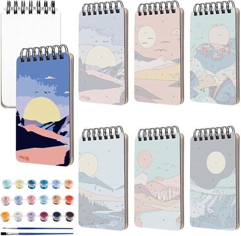 Frienda 6 Pcs Paint by Numbers Kit for Adults Beginners 5x3 Inch Mini Mountain Painting Notebook Small Paint by Number Notebook Craft for DIY Painting Birthday Party Gift in Saudi Arabia