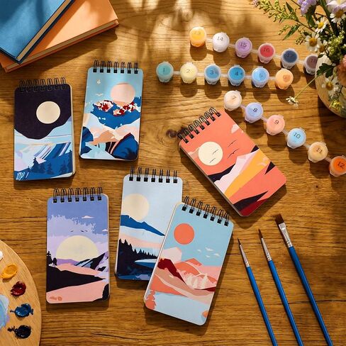 Frienda 6 Pcs Paint by Numbers Kit for Adults Beginners 5x3 Inch Mini Mountain Painting Notebook Small Paint by Number Notebook Craft for DIY Painting Birthday Party Gift in Saudi Arabia