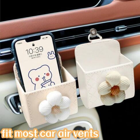2PCS Car Air Outlet Storage Stylish Car Vent Storage Pocket with Floral Leather Organizer for Dashboard Air Vent Mounted Compact Pouch Box with Hook in Saudi Arabia