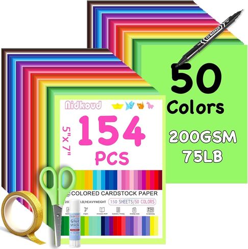 154 PCS Colorful Cardstock Paper 5" x 7", 50 Assorted Colors Heavy Construction Paper Bulk, 200GSM/75LB Rainbow Card Stock Printer Paper for Scrapbooking, Card Making, Kids School Supplies in Saudi Arabia