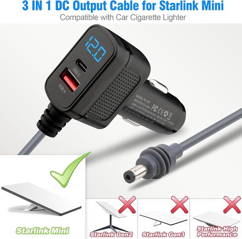 Starlink Mini Cable 10FT, 3 in 1 Starlink Mini Car Charger DC Power Cable + Cigarette Lighter Adapter 12V-24V with OLED Display, 18WAG USB C PD 36W and USB A 18W Ports for Trucks, Cars, RVs in Saudi Arabia