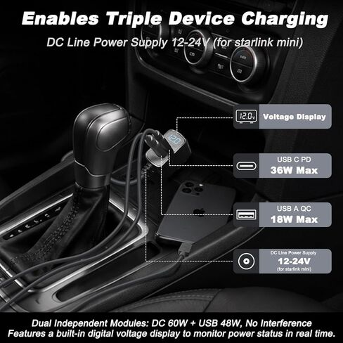 Starlink Mini Cable 10FT, 3 in 1 Starlink Mini Car Charger DC Power Cable + Cigarette Lighter Adapter 12V-24V with OLED Display, 18WAG USB C PD 36W and USB A 18W Ports for Trucks, Cars, RVs in Saudi Arabia