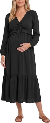 Motherhood Maternity Womens V-Neck Long Puff Sleeve Ruffle Midi Pregnancy Dress in Saudi Arabia