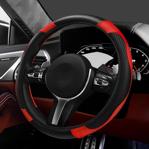 Hovom Car Steering Wheel Cover, Stylish Carbon Fiber Leather Steering Wheel Covers Protector Fits 15 Inch, Non-Slip & Comfortable, Universal Interior Car Accessories Decor (Black+Red) in Saudi Arabia
