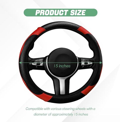 Hovom Car Steering Wheel Cover, Stylish Carbon Fiber Leather Steering Wheel Covers Protector Fits 15 Inch, Non-Slip & Comfortable, Universal Interior Car Accessories Decor (Black+Red) in Saudi Arabia