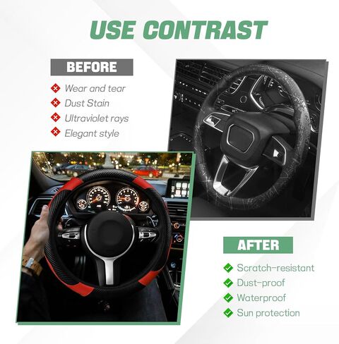 Hovom Car Steering Wheel Cover, Stylish Carbon Fiber Leather Steering Wheel Covers Protector Fits 15 Inch, Non-Slip & Comfortable, Universal Interior Car Accessories Decor (Black+Red) in Saudi Arabia