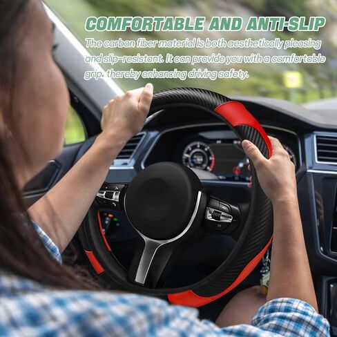 Hovom Car Steering Wheel Cover, Stylish Carbon Fiber Leather Steering Wheel Covers Protector Fits 15 Inch, Non-Slip & Comfortable, Universal Interior Car Accessories Decor (Black+Red) in Saudi Arabia