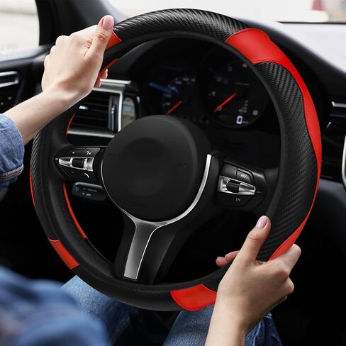 Hovom Car Steering Wheel Cover, Stylish Carbon Fiber Leather Steering Wheel Covers Protector Fits 15 Inch, Non-Slip & Comfortable, Universal Interior Car Accessories Decor (Black+Red) in Saudi Arabia