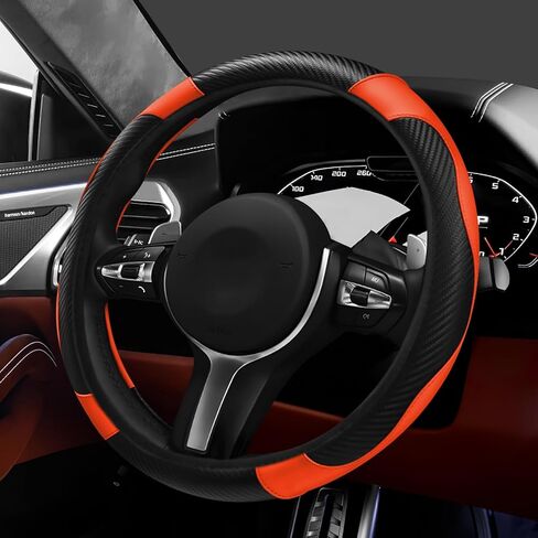 Hovom Car Steering Wheel Cover, Stylish Carbon Fiber Leather Steering Wheel Covers Protector Fits 15 Inch, Non-Slip & Comfortable, Universal Interior Car Accessories Decor (Black+Red) in Saudi Arabia