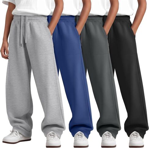 4 Pack Boys Sweatpants Straight Leg Athletic Elastic Waist Pants Open Bottom Active Joggers with Pockets 6-16 Years in Saudi Arabia