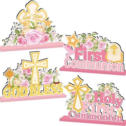 4Pcs First Communion Decorations First Holy Communion Centerpieces for Tables Wooden God Bless Floral Table Decor for Boys Girls Baby Baptism Ceremony Religious Church Party Supplies in Saudi Arabia