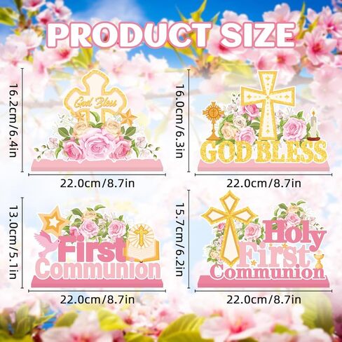 4Pcs First Communion Decorations First Holy Communion Centerpieces for Tables Wooden God Bless Floral Table Decor for Boys Girls Baby Baptism Ceremony Religious Church Party Supplies in Saudi Arabia