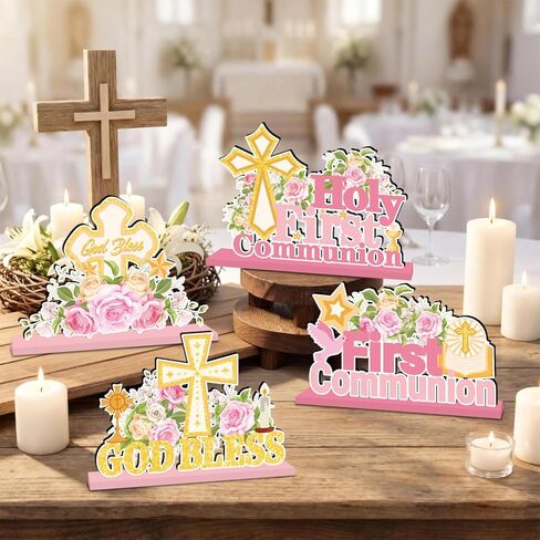 4Pcs First Communion Decorations First Holy Communion Centerpieces for Tables Wooden God Bless Floral Table Decor for Boys Girls Baby Baptism Ceremony Religious Church Party Supplies in Saudi Arabia