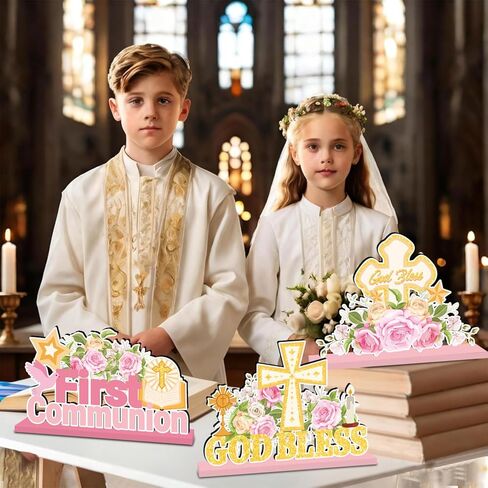4Pcs First Communion Decorations First Holy Communion Centerpieces for Tables Wooden God Bless Floral Table Decor for Boys Girls Baby Baptism Ceremony Religious Church Party Supplies in Saudi Arabia