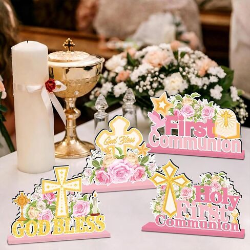 4Pcs First Communion Decorations First Holy Communion Centerpieces for Tables Wooden God Bless Floral Table Decor for Boys Girls Baby Baptism Ceremony Religious Church Party Supplies in Saudi Arabia