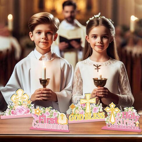 4Pcs First Communion Decorations First Holy Communion Centerpieces for Tables Wooden God Bless Floral Table Decor for Boys Girls Baby Baptism Ceremony Religious Church Party Supplies in Saudi Arabia