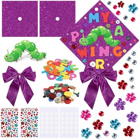 Caterpillar Theme DIY Graduation Cap Decorations Caterpillar Felt Sticker Buttons Purple Bow Glitter Alphabet Letter Number Decals for Preschool Kindergarten Pre K Grad Hat DIY Decor Party Supplies in Kuwait
