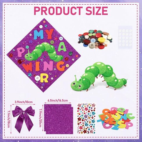 Caterpillar Theme DIY Graduation Cap Decorations Caterpillar Felt Sticker Buttons Purple Bow Glitter Alphabet Letter Number Decals for Preschool Kindergarten Pre K Grad Hat DIY Decor Party Supplies in Kuwait
