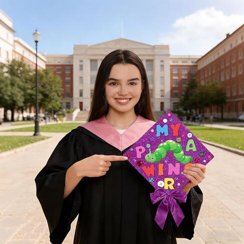 Caterpillar Theme DIY Graduation Cap Decorations Caterpillar Felt Sticker Buttons Purple Bow Glitter Alphabet Letter Number Decals for Preschool Kindergarten Pre K Grad Hat DIY Decor Party Supplies in Kuwait