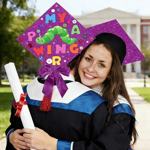 Caterpillar Theme DIY Graduation Cap Decorations Caterpillar Felt Sticker Buttons Purple Bow Glitter Alphabet Letter Number Decals for Preschool Kindergarten Pre K Grad Hat DIY Decor Party Supplies in Kuwait