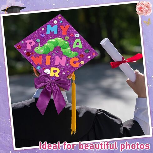 Caterpillar Theme DIY Graduation Cap Decorations Caterpillar Felt Sticker Buttons Purple Bow Glitter Alphabet Letter Number Decals for Preschool Kindergarten Pre K Grad Hat DIY Decor Party Supplies in Kuwait