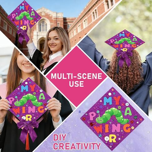 Caterpillar Theme DIY Graduation Cap Decorations Caterpillar Felt Sticker Buttons Purple Bow Glitter Alphabet Letter Number Decals for Preschool Kindergarten Pre K Grad Hat DIY Decor Party Supplies in Kuwait