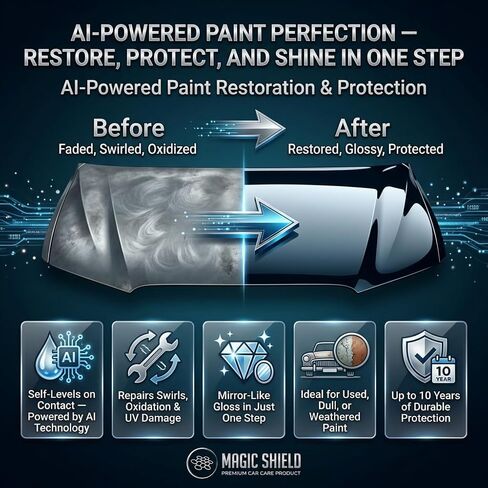 Magic Shield Diamond AI Coating Graphene Liquid Self-Levelling Technology | Restore Used Car back to New | Lasts 10 Years | High-Gloss | Hydrophobic & Scratch-Resistant | for Paint & Headlights Only in Saudi Arabia