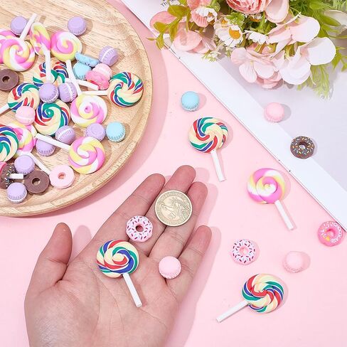 60Pcs Mini Donut Resin Charms Lollipop Cabochon Plastic Flatback Food Cake Dessert Cabochons Resin Embellishments for Scrapbooking Hair Clips Decor Jewelry Making Phone Case DIY Crafts in Saudi Arabia