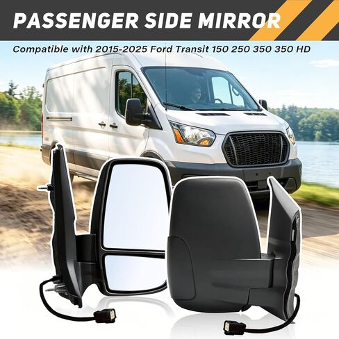 استبدال المرآة الجانبية للركاب يناسب 2015-2025 Ford Transit 150 250 350 350 HD الملحقات، مجموعة مرآة الجانب الأيمن سحب زجاجي بدون ضوء إشارة غير ساخن، أسود (ذراع قصير) in Kuwait