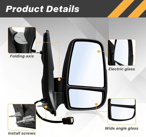 استبدال المرآة الجانبية للركاب يناسب 2015-2025 Ford Transit 150 250 350 350 HD الملحقات، مجموعة مرآة الجانب الأيمن سحب زجاجي بدون ضوء إشارة غير ساخن، أسود (ذراع قصير) in Kuwait