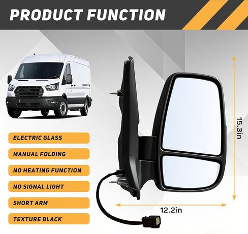 استبدال المرآة الجانبية للركاب يناسب 2015-2025 Ford Transit 150 250 350 350 HD الملحقات، مجموعة مرآة الجانب الأيمن سحب زجاجي بدون ضوء إشارة غير ساخن، أسود (ذراع قصير) in Kuwait