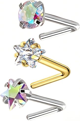 3PSC 925 sterling silver Nose Rings Studs For Women and Men ,20G AB Color/White L Shaped Nose Studs 4mm CZ Nose Studs, Colorful Cubic Zirconia Round /Star / Nose Rings Nostril Nose Piercing Body Piercing Jewelry in Saudi Arabia