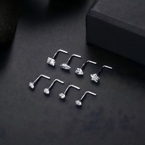 3PSC 925 sterling silver Nose Rings Studs For Women and Men ,20G AB Color/White L Shaped Nose Studs 4mm CZ Nose Studs, Colorful Cubic Zirconia Round /Star / Nose Rings Nostril Nose Piercing Body Piercing Jewelry in Saudi Arabia